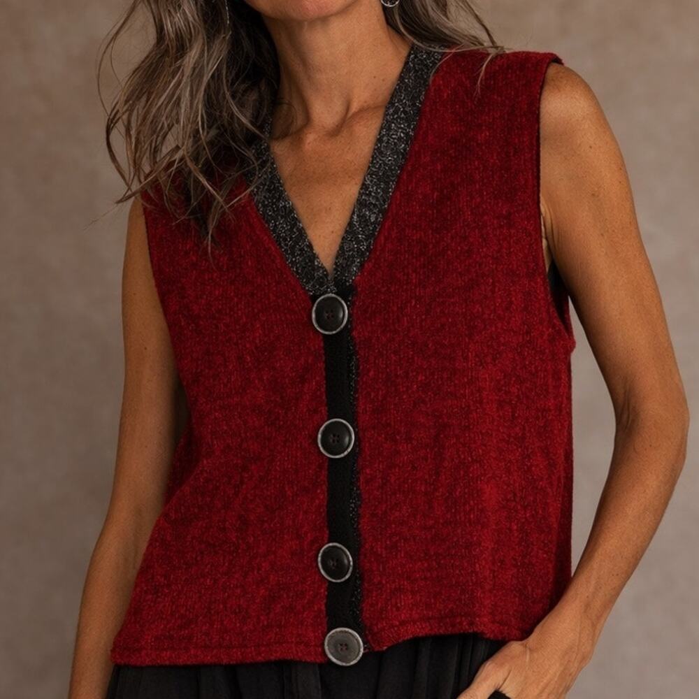 Ani Barrie Sweater Vest Size Medium Red Chenille Button Fiber Artist Art Funky